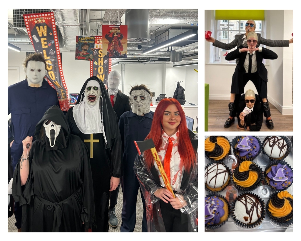 A collage of colleagues in different Halloween costumes.